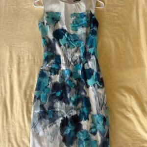 Tahari Blue and White Floral Midi Dress